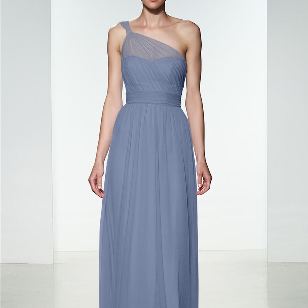 Amsale Dusty blue one shoulder tier dress